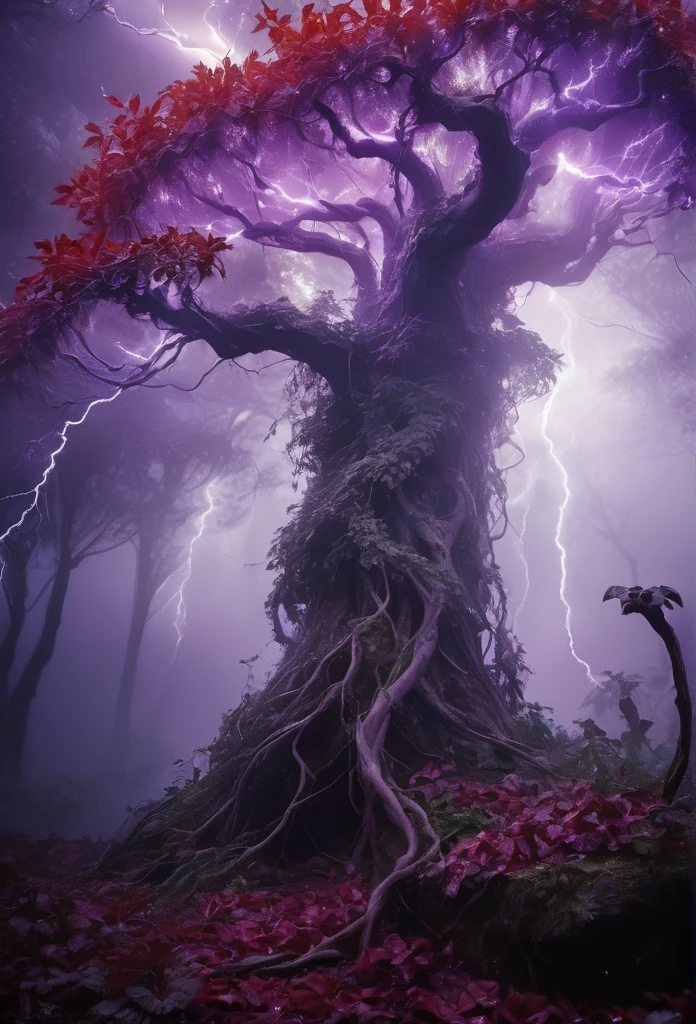 Magic plantloody ghost vine from the abyss, ghost vine,Blood-red vines stare at the dead,Enchantment,uncanny,Terror,(Wrapping purple magic lightning:1.5), epic magic power, The vines emit intense light, Electric branch, epic thunderstorm, Terror冲击, surreal, Crazy, Whimsical, octaneratingrendering, iintricate,