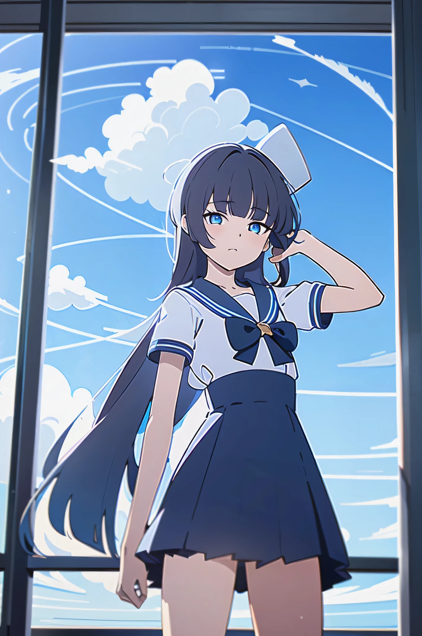 1girl, classroom, Sailor suit, short sleeve, Cumulonimbus, blue sky, buzzer, Window, long hair, blunt bangs, masterpiece, from front, front view, cowboy shot , ((no hat:1.3)), hand in own hair, standing