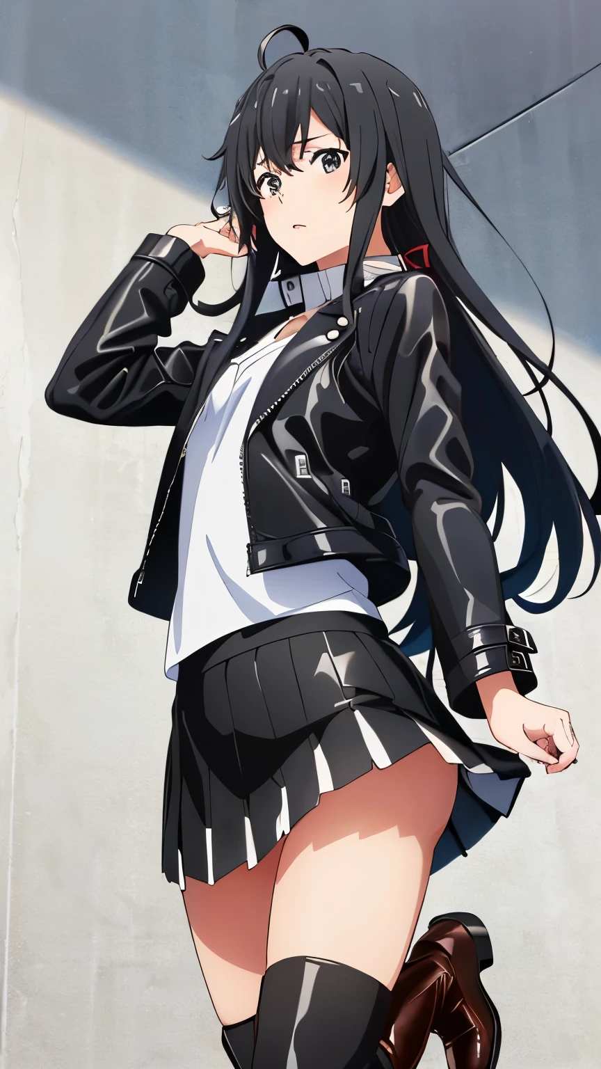 (masterpiece, best quality, highres, 8k:1.2), (anime), yukino, long hair, ahoge, Small medium , hair ribbon, (Leather jacket, leather mini skirt, black boots, beautiful shoes, Jump, from below:1.2), Cowboy shot, looking at viewer,