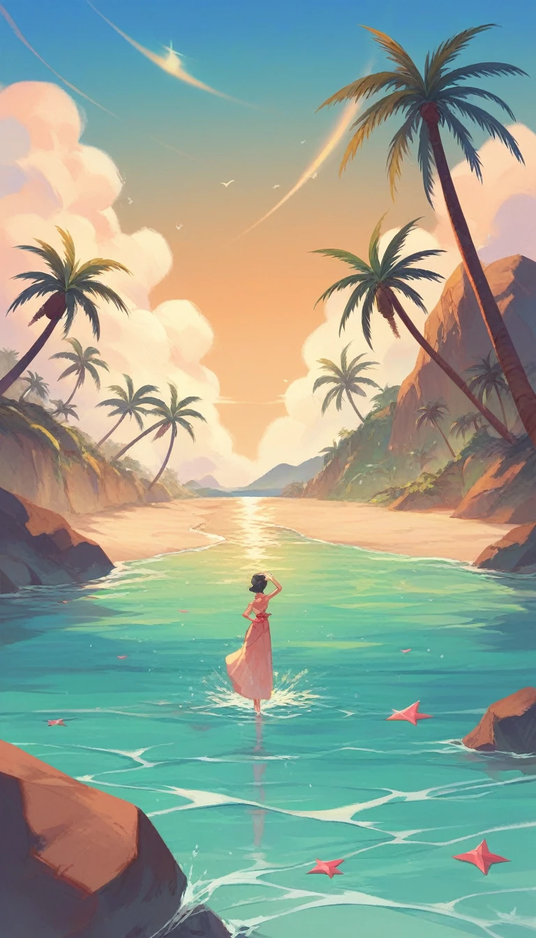 UHD, masterpiece, ccurate, anatomically correct, high details, super detail, high quality, award winning, studio ghibli animation. Background: A empty beautiful beach with palm trees, crystal-clear water, and vibrant skies.