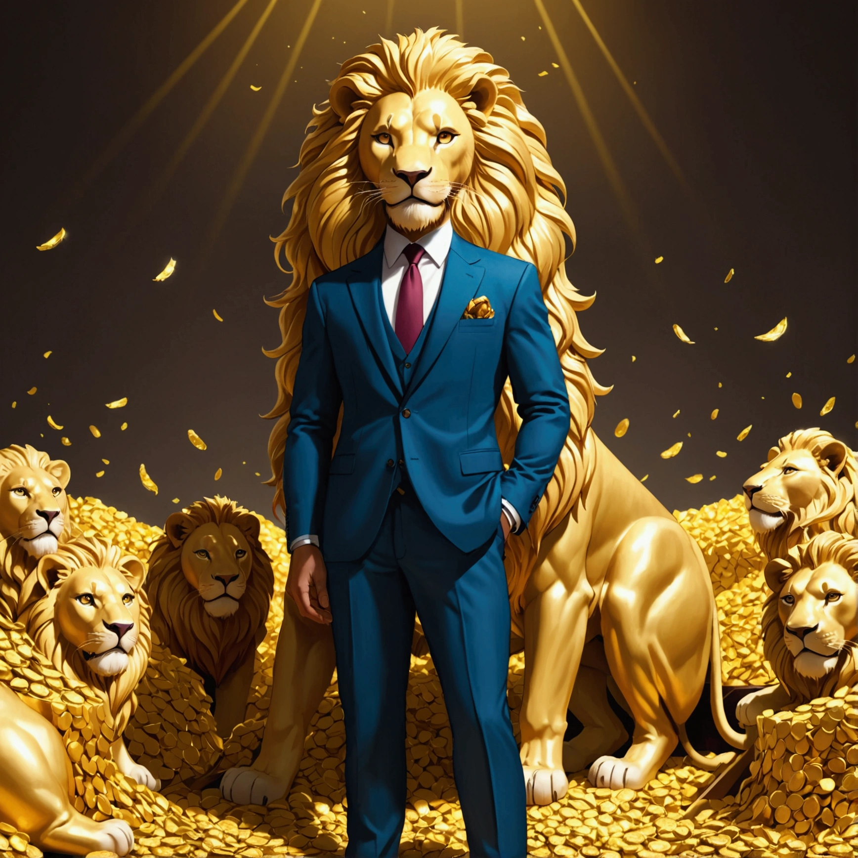 man,Wear a suit,lion,stand next to,pile of gold,lucrative