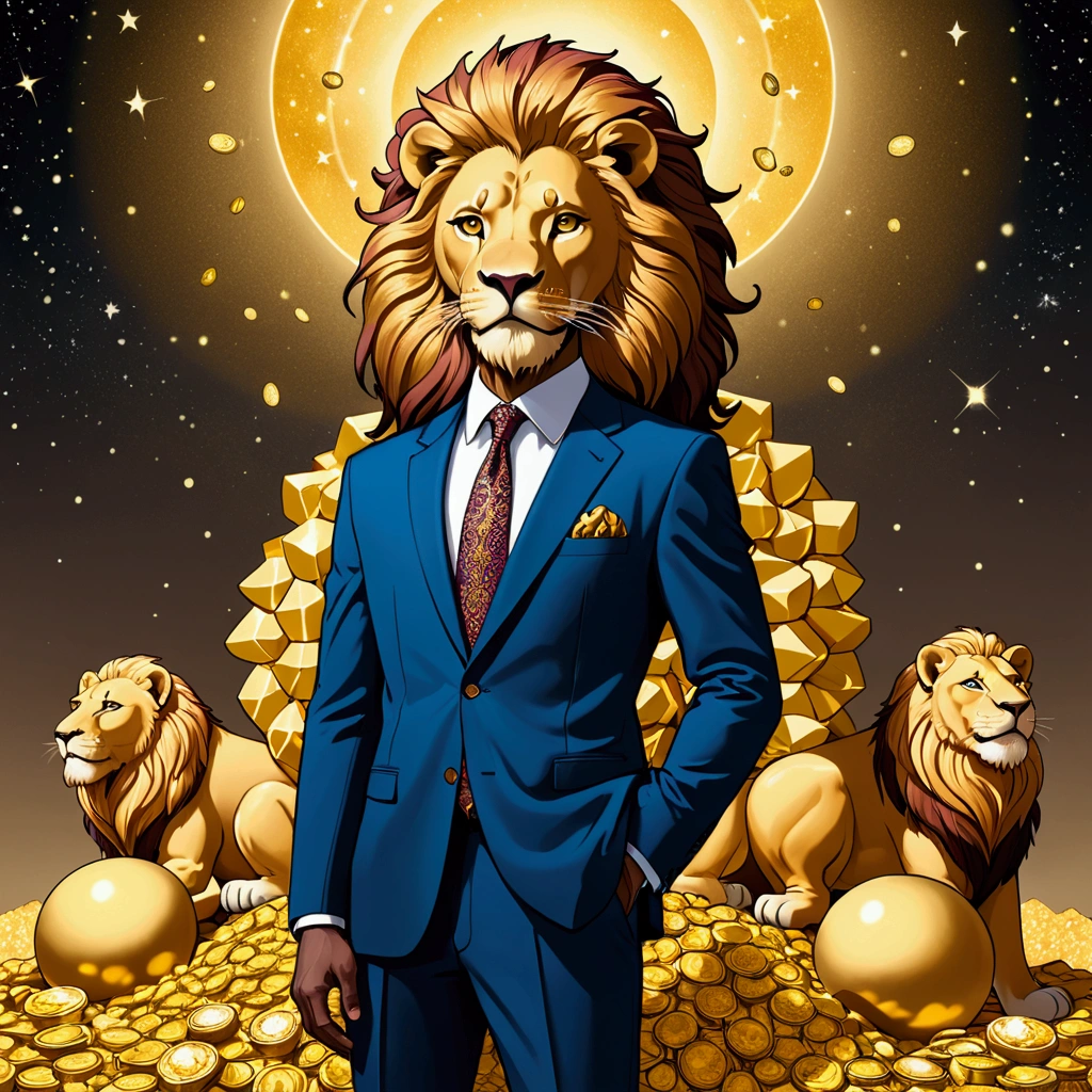 man,Wear a suit,lion,stand next to,pile of gold,lucrative