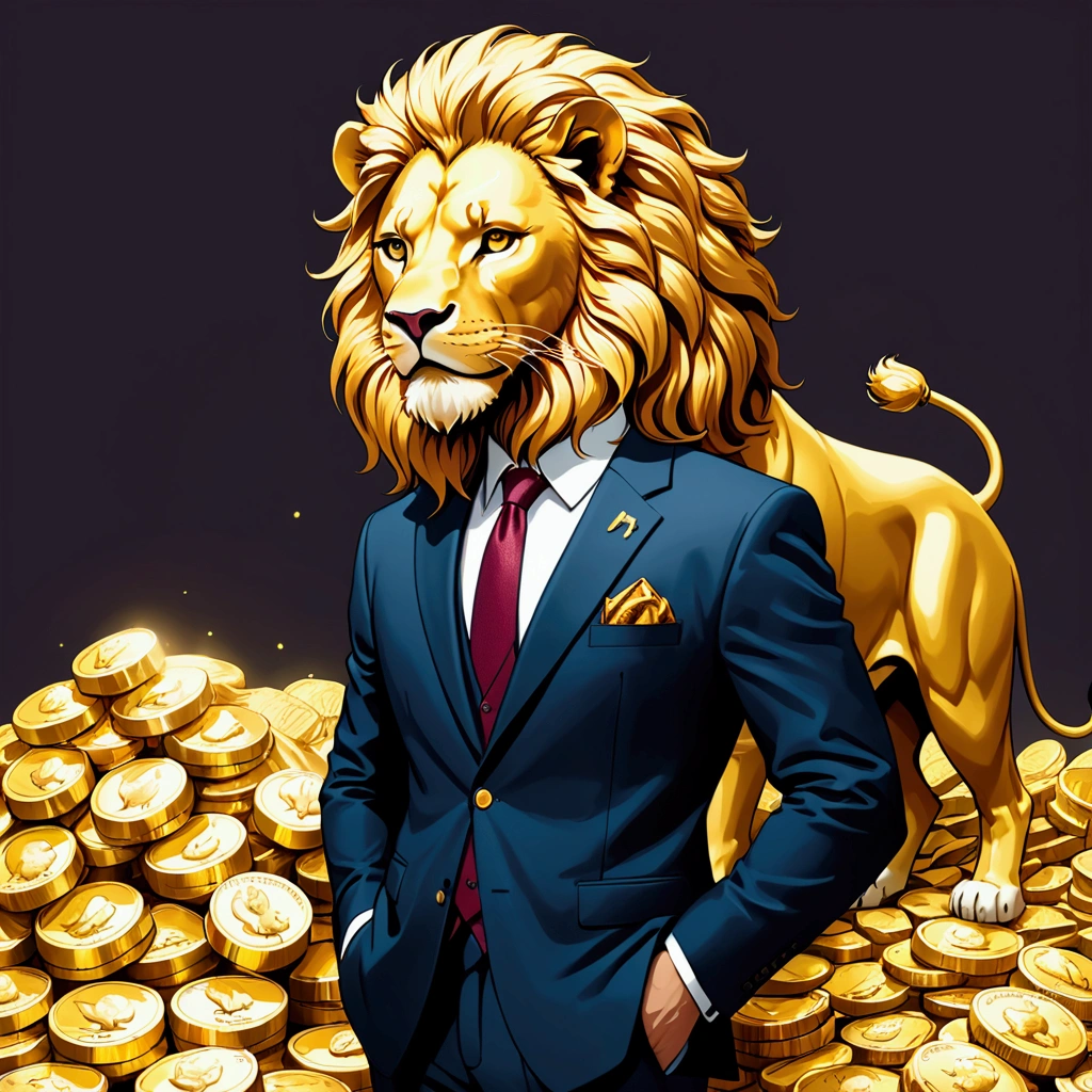 man,Wear a suit,lion,stand next to,pile of gold,lucrative