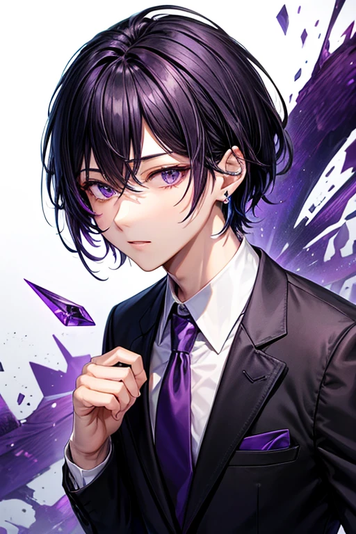One man,Western Suits_blue,hair_short,hair_black,eye_purple,noble,full moon,A lot of butterflies are fluttering_green,diamond shaped earrings_purple