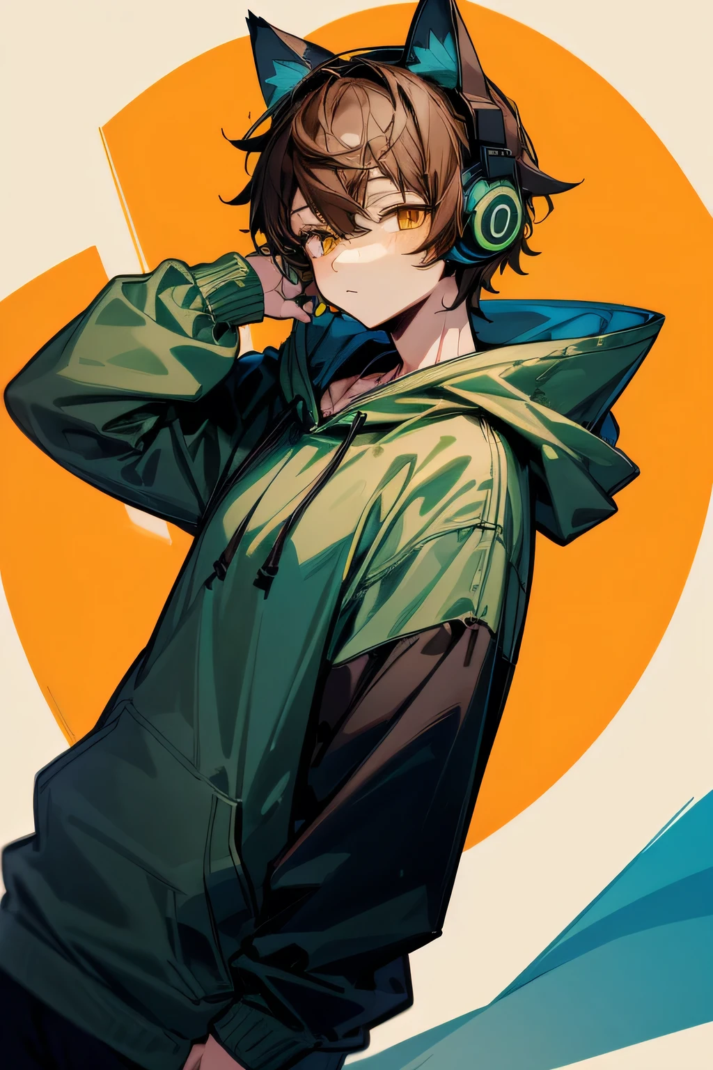 (Highest quality, 8k, 32K, masterpiece, Ultra-high resolution:1.2) A boy wearing black and blue cat ear headphones and a green hoodie listening to music, Young Anime Guy, As an anime character, Green and black camouflage hoodie, Brown Hair, (Orange eyes)