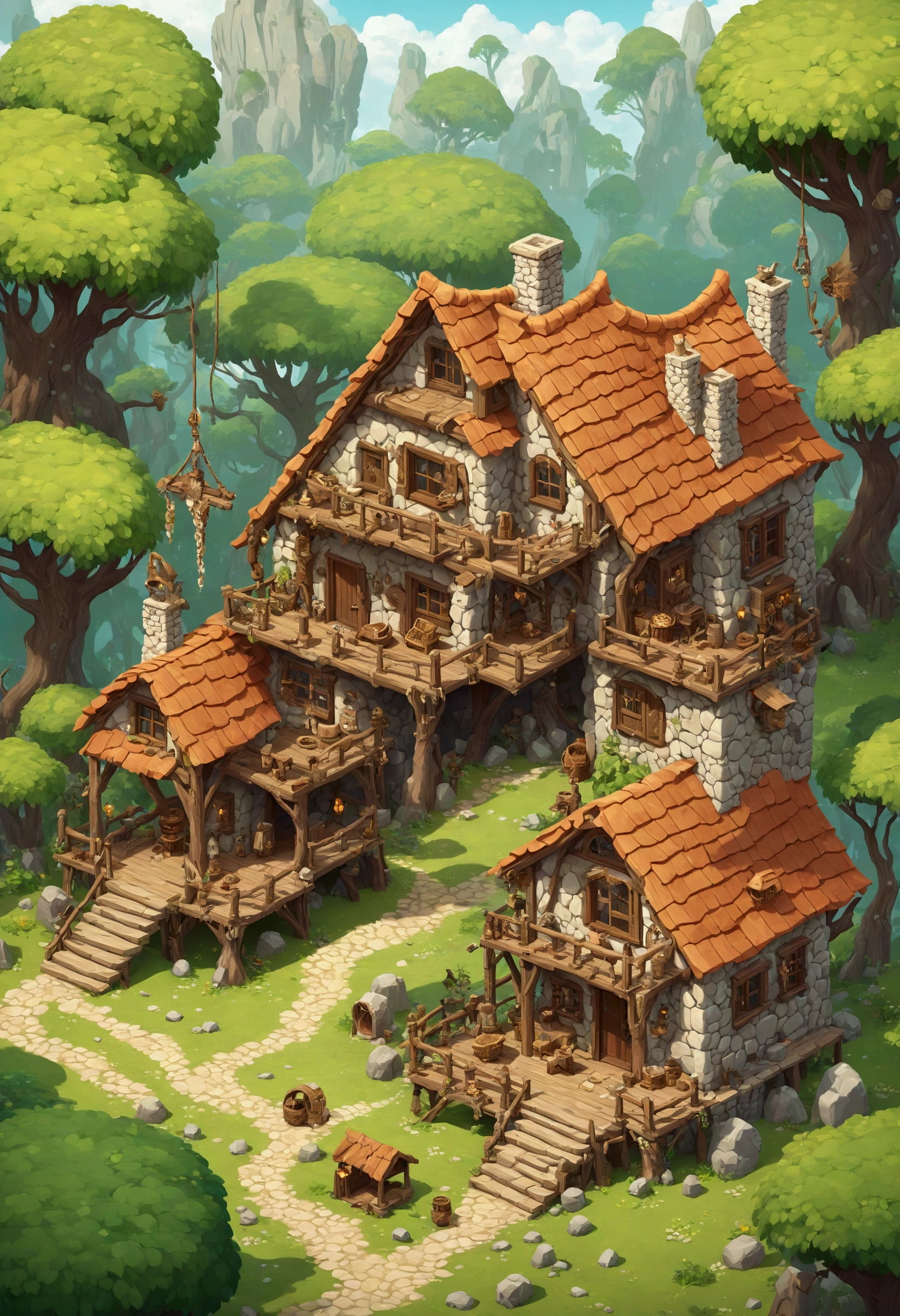 isometric house, RPG style, cartoony, dnd, fancy, Mobile Game，primitive man，animal bone，stone，Wood, suspended in air