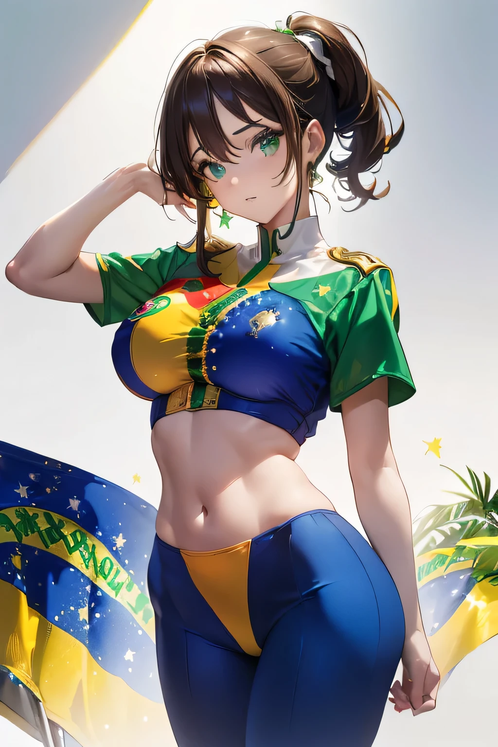 (((Brazilian flag-inspired outfit:1.3))),(26 stars,golden green flag),(((Woman in men's clothing:1.3))),(masterpiece,Highest quality,Ultra-high resolution output images,Write boundary depth,Intricate details,Adding dimension to your subject with the contrast of light and shadow,Anatomically correct facial structure),(Picture Mode Ultra HD,)
