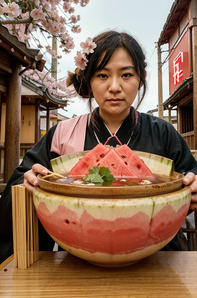 Create an illustration of a cubic watermelon, a bowl of ramen with chopsticks and sound effects to represent slurping, and an icon of elderly people. Background should include elements that symbolize Japan, like cherry blossoms or Mount Fuji."