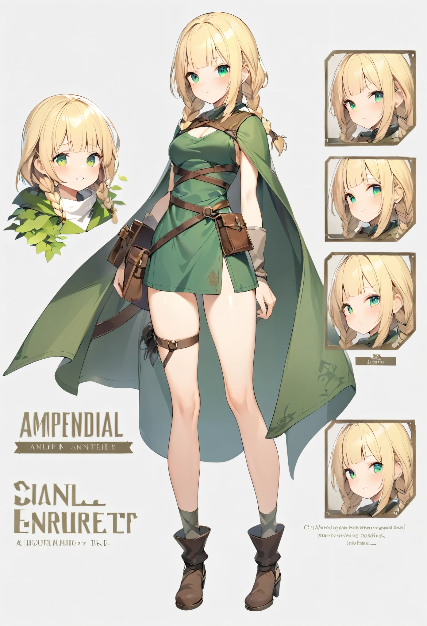 Girl, Best quality, multiple angles, character model, base model, front view, looking forward, character creation, full body, simple background, medieval forest adventurer outfit, no dress, small cape, blonde hair, medium hair braids, bangs, green eyes, medium breasts,