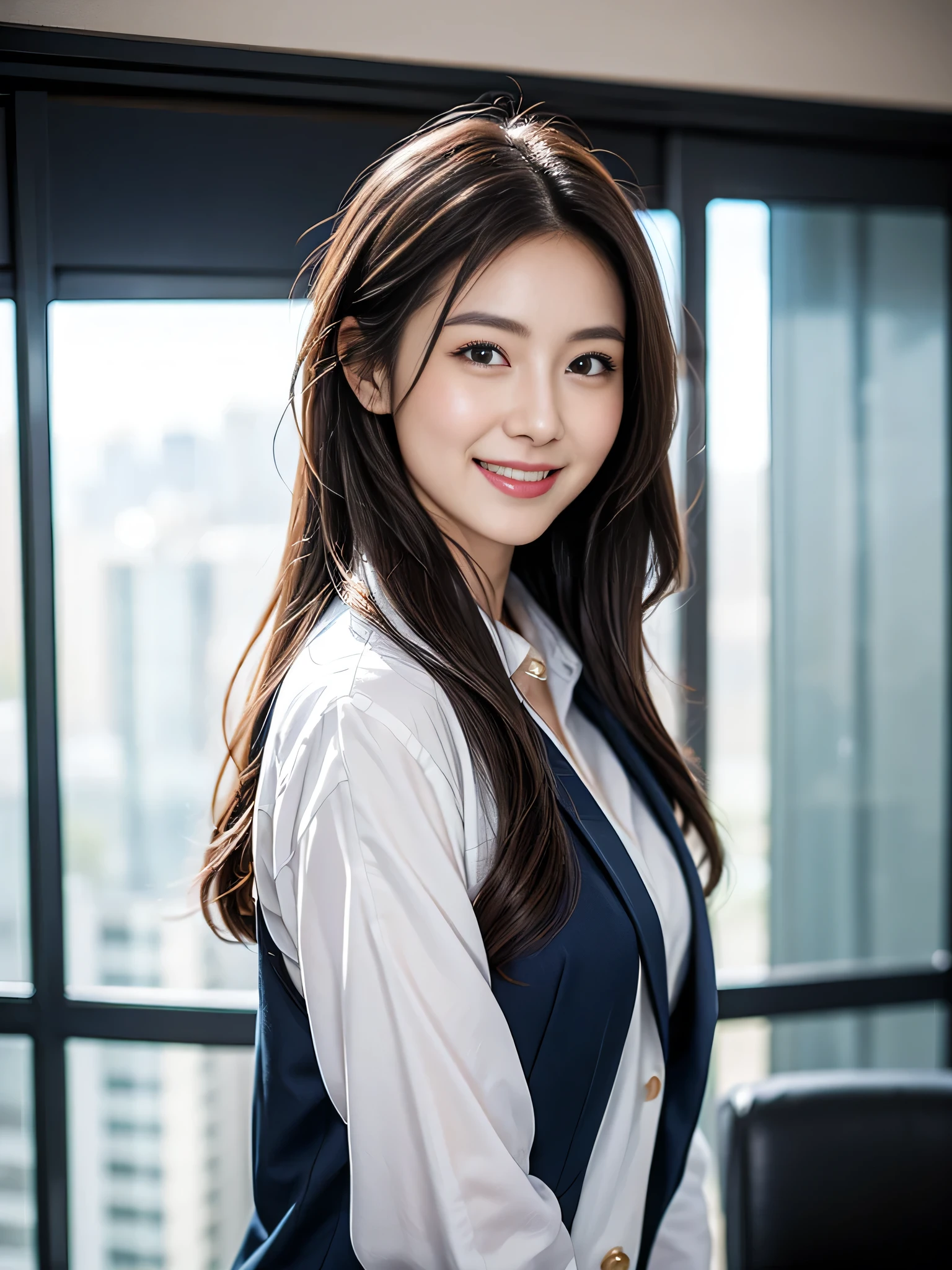 The face of a hostess、The clothing is a high-quality navy blue business suit、Surreal、healthy、Smiling face、Slim and perfect figure、Japanese Beauty、Beautiful Eyes、Perfect Face、Beautiful Skin、From the side、Background is an office on a high floor、By the window