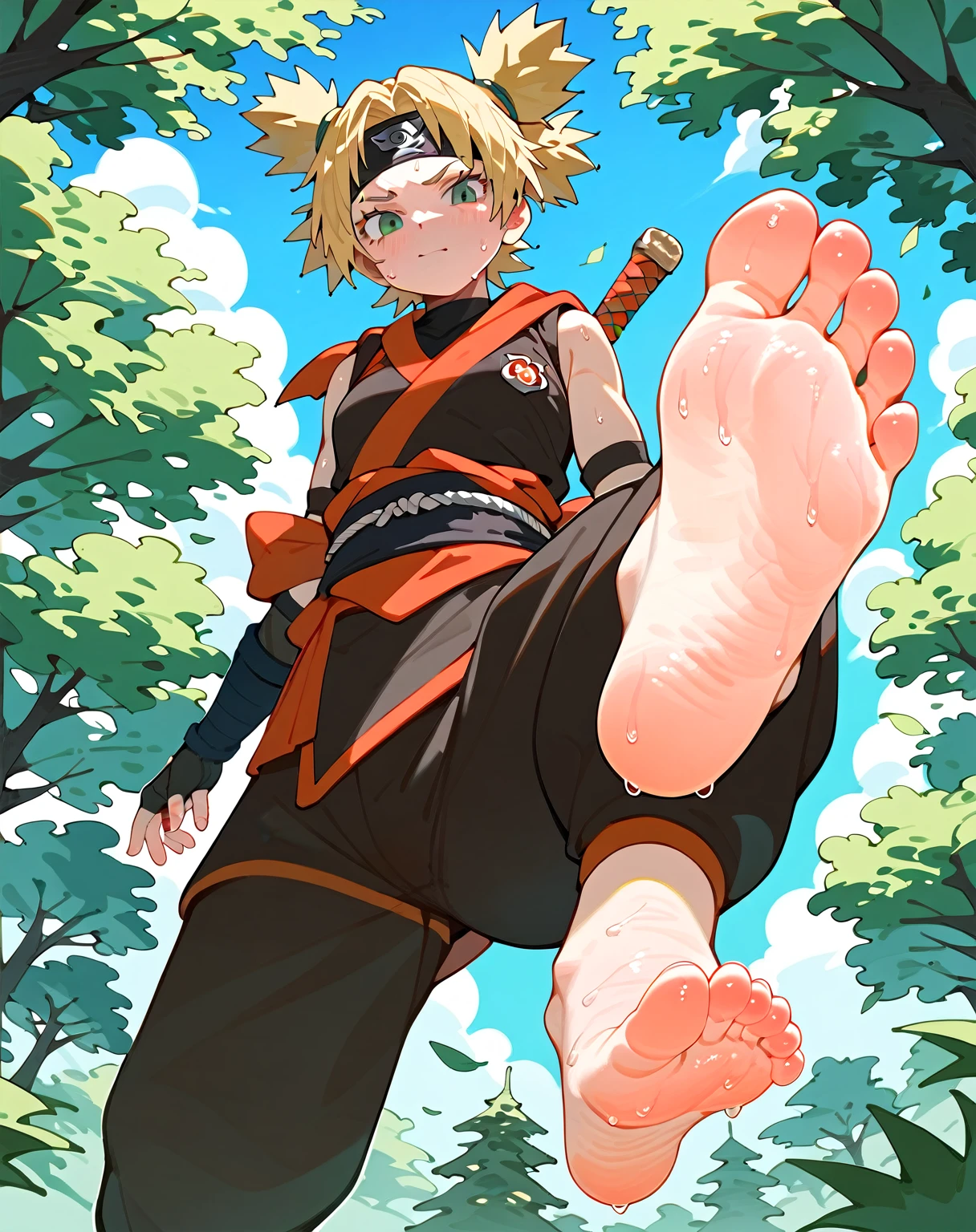 Temari shows her stinky feet low angle，Detailed background，There are many trees behind，Sky，barefoot，Sweating on the soles of the feet，masterpiece,Temari Woman,Black clothes，Ninja,Correct anatomy，