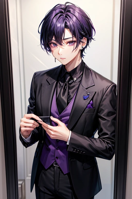 1 adult male,suit_black,Dress shirt_淡いpurple色,tie_purple,hair_short,blackhair,eye_purple,diamond shaped earrings_purple,Wearing piercings,cosmetics,mirror