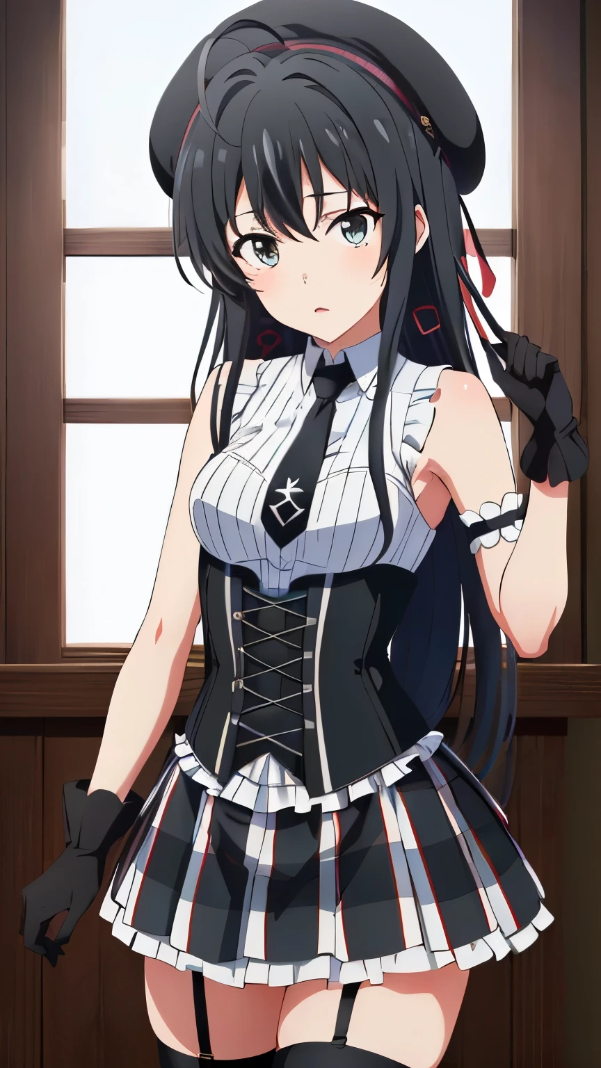 (masterpiece, best quality, highres, 8k:1.2), (anime), yukino, long hair, ahoge, Small medium breast, hair ribbon, (beret, purple headwear, plaid, black necktie, sleeveless dress, corset, arm strap, black gloves, black thighhighs, striped thighhighs, garter straps),  Cowboy shot, looking at viewer,