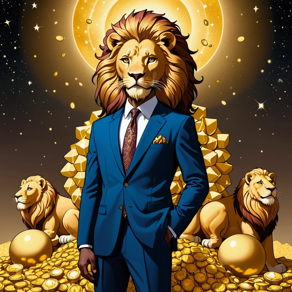 man,Wear a suit,lion,,pile of gold,lucrative