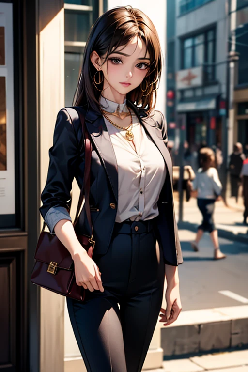 ((Highest quality)),(超High resolution),(Very detailed),(Detailed Description),((The best CG)),(masterpiece),Ultra-detailed art、(Highest quality、8k、32K、masterpiece)、(Realistic)、(Realistic:1.2)、(High resolution)、Very detailed、Very beautiful face and eyes、1 female、Tight waist、Delicate body、(Highest quality、Attention to detail、Rich skin detail)、(Highest quality、8k、Oil paints:1.2)、Very detailed、(Realistic、Realistic:1.37)、Bright colors、Beautiful Japanese Woman、Detailed face、Smooth Skin、Big Breasts、"A stylish woman in her late 30s shopping on a bustling city street. She has shoulder-length, well-maintained hair with a subtle shine. Her posture is upright and confident. She's wearing a crisp white button-down shirt tucked into high-waisted, wide-leg navy trousers. Over this, she has on a camel-colored blazer with rolled-up sleeves. Her accessories include a delicate gold necklace, small hoop earrings, and a sleek watch. She's carrying a structured leather tote bag in a deep burgundy color. On her feet are comfortable yet elegant pointed-toe flats in a neutral tone. Her makeup is natural and understated, with a touch of mascara and a nude lipstick. She's window shopping, looking at a display of colorful summer dresses. The background shows other pedestrians and typical urban storefronts. The lighting suggests it's a bright, sunny day, casting soft shadows and highlighting the textures of her outfit."