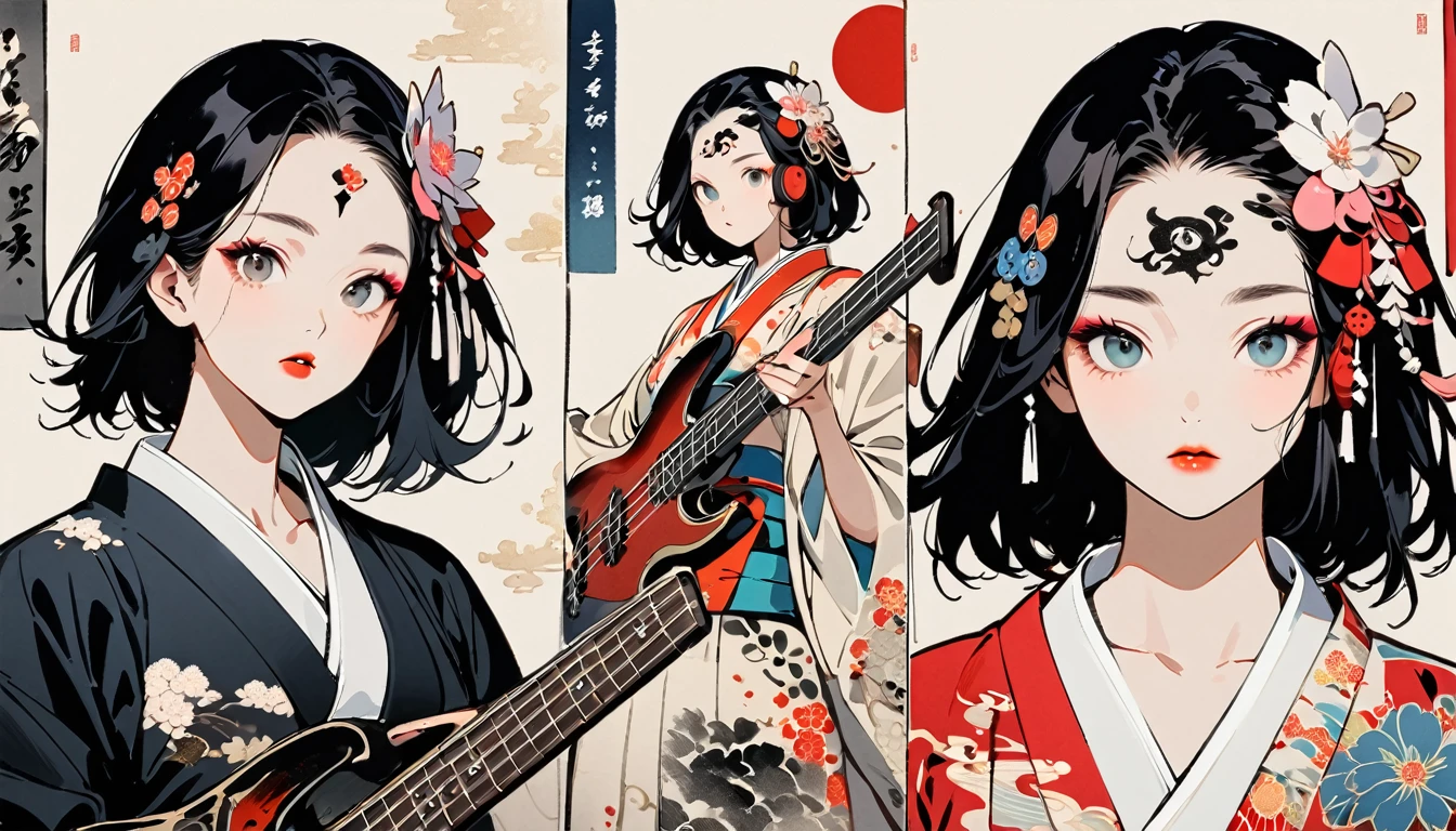 (((Ink Painting))), Fashion portrait color photos, (((1 girl))), (((Playing electric bass))), (((Tattoo in the center of the forehead))), (((Very flashy hair accessories))), (((Very flashy makeup))), Japanese style headphones, front view, Japan人の美女, Black Hair, Delicate and precise, Modern ukiyo-e style,Japan, Droopy eyes, round face, Fuller lips