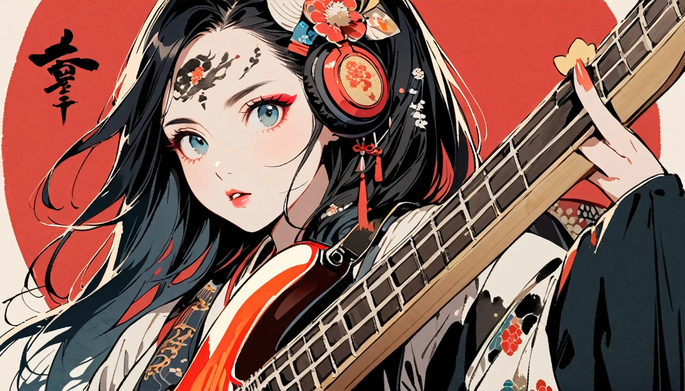 (((Ink Painting))), Fashion portrait color photos, (((1 girl))), (((Playing electric bass))), (((Tattoo in the center of the forehead))), (((Very flashy hair accessories))), (((Very flashy makeup))), Japanese style headphones, front view, Japan人の美女, Black Hair, Delicate and precise, Modern ukiyo-e style,Japan, Droopy eyes, round face, Fuller lips