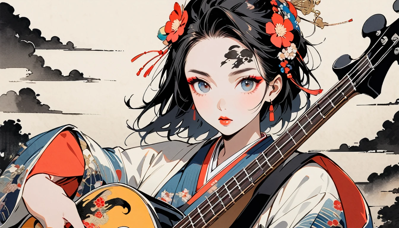 (((Ink Painting))), Fashion portrait color photos, (((1 girl))), (((Playing electric bass))), (((Tattoo in the center of the forehead))), (((Very flashy hair accessories))), (((Very flashy makeup))), Japanese style headphones, front view, Japan人の美女, Black Hair, Delicate and precise, Modern ukiyo-e style,Japan, Droopy eyes, round face, Fuller lips