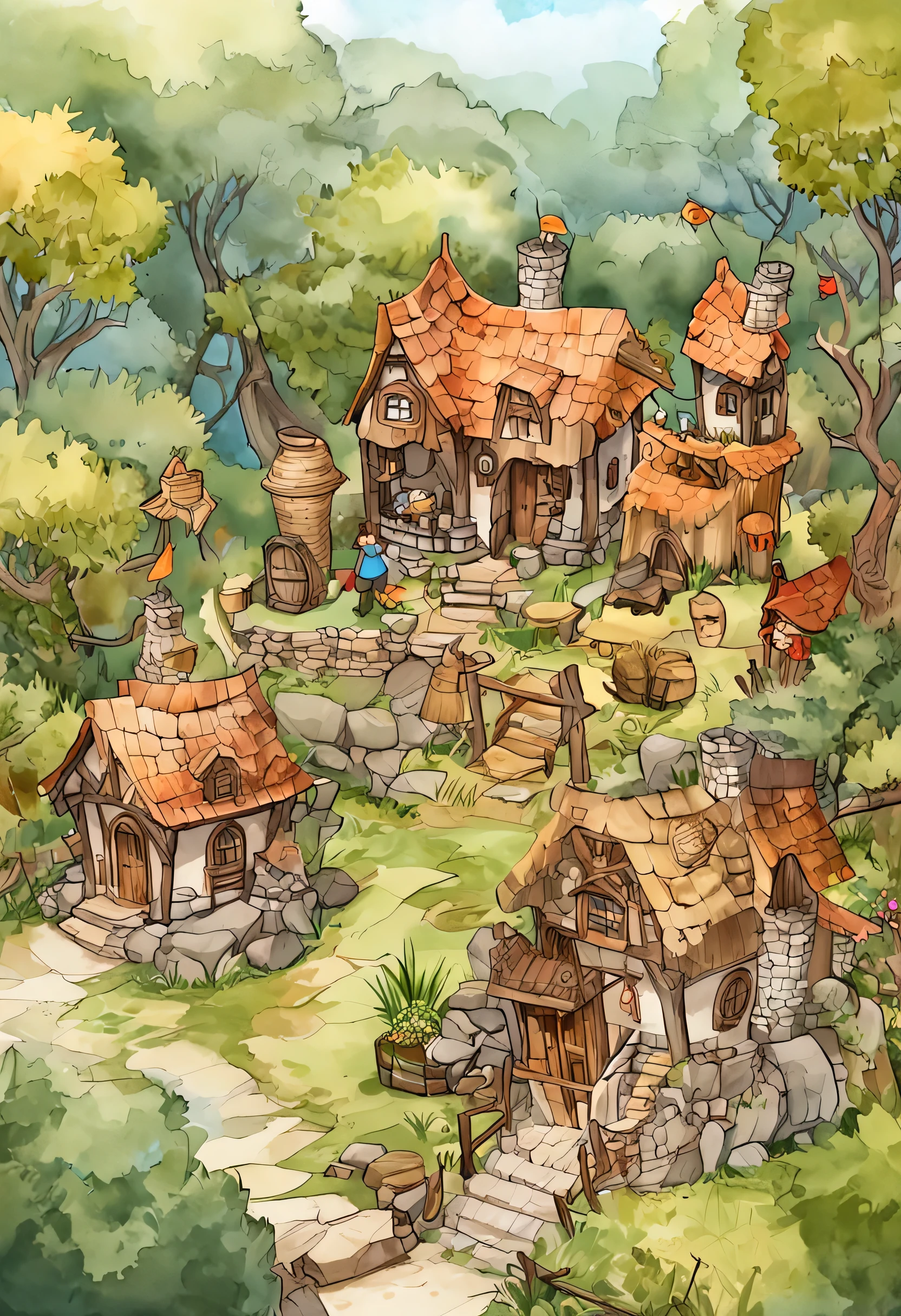 isometric house, RPG style, cartoony, dnd, fancy, Mobile Game，primitive man，animal bone，stone，Wood, suspended in air