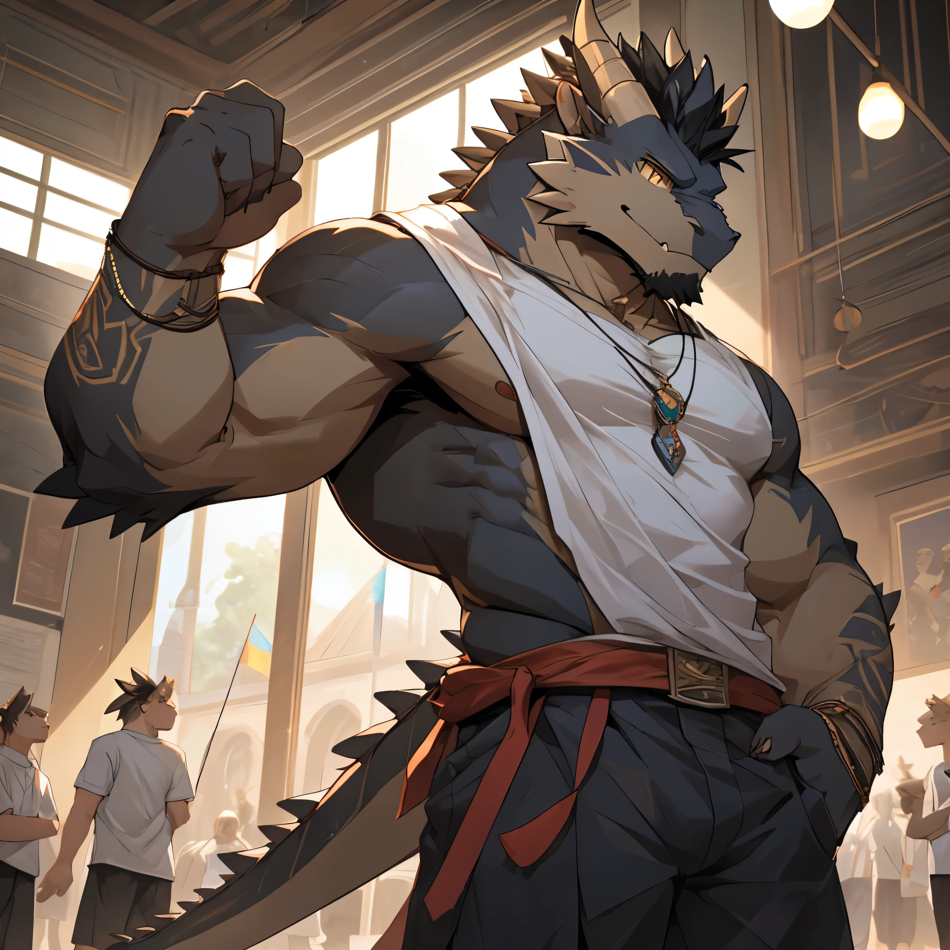 (best quality, masterpiece, ultra-detailed, intricate, illustration, detailed lighting)(1muscular black dragon character：1.5), (golden eyes：1.4), （casual clothes：1.5),(muscular build：1.4),dragon boy, Dragon,short hair, dark skin, Convex,Looking at the audience,zixiong, nj5,（masterpiece），Very detailed，（best quality)，Black Hair，Golden pupils,(solid physique)，(Huge size)，8K，(high quality),aged down,teenager,white t-shirt,school,