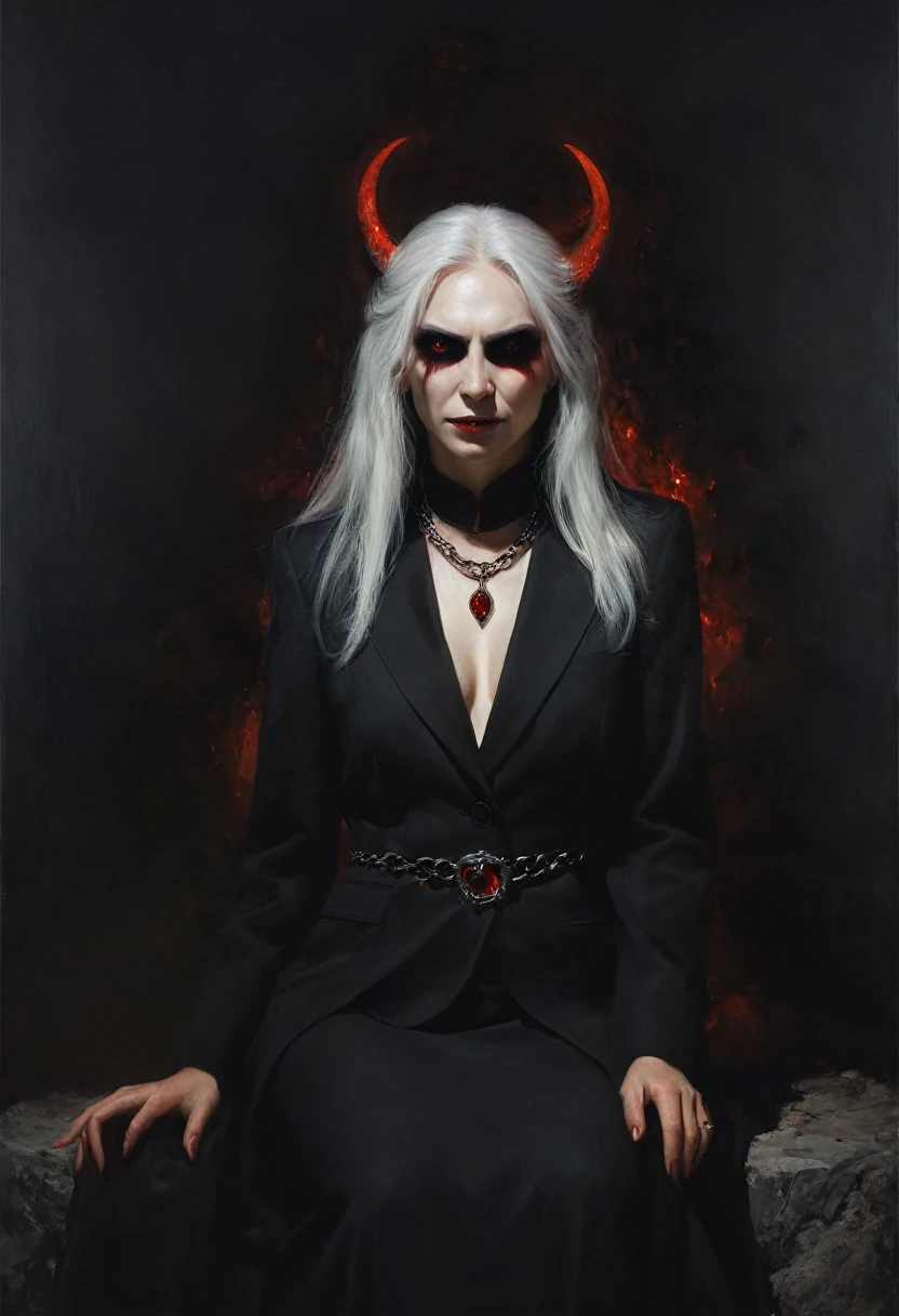 painting of a demonic beautiful devil woman,dressed in a black business suit, long white hair, sinister grin, glowing eyes, full-length against the backdrop of hell, powerfully and depravedly sitting on a black stone on a hill, Boris Valeggio, Julia Bell, brutal demons with red glowing eyes on a chain in a collar,on either side of her in the darkness, are  deep shadows, soft lighting, dark atmosphere, cinematic scene, volumetric lights, ultra realistic, in the style of nicola samori