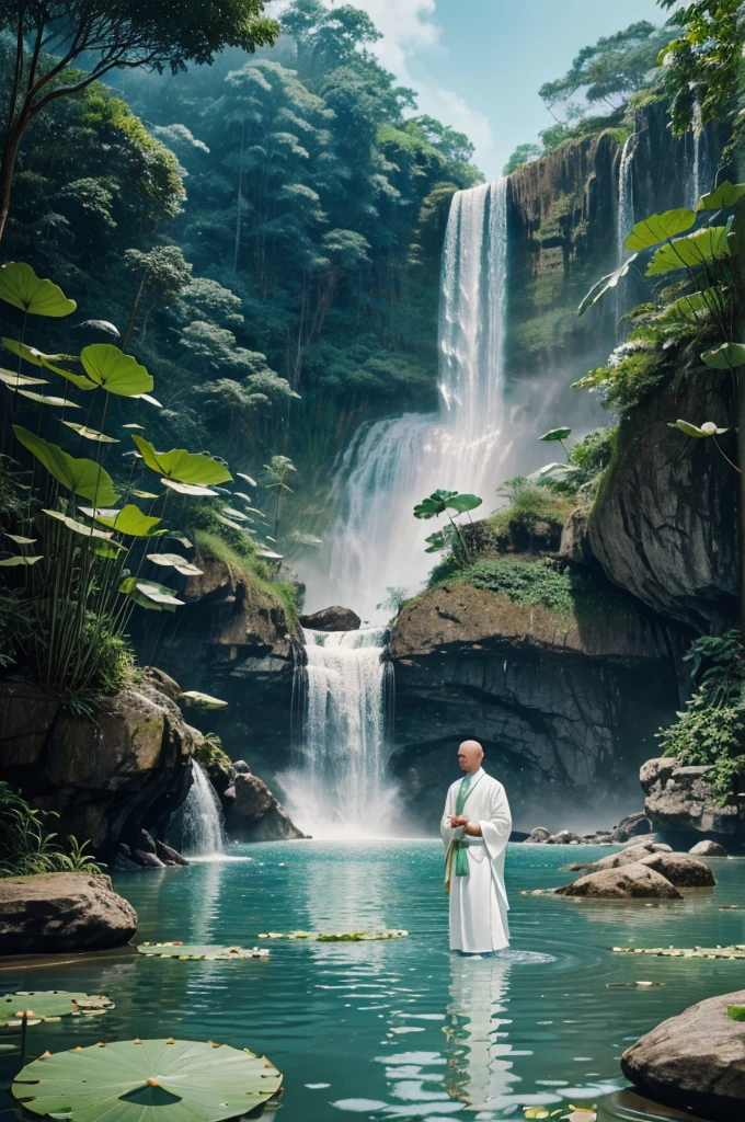 Highly detailed film water and ocean palette, a bald monk standing at the water's edge in white Hanfu, a huge green snake, a huge lotus flower in white, a very tall waterfall, exquisite facial details, spotlights, perfect composition, surreal, ultra-detailed, 8k, high quality, clear focus, intricate details, highly detailed, dynamic lighting, detailed and complex environment,
