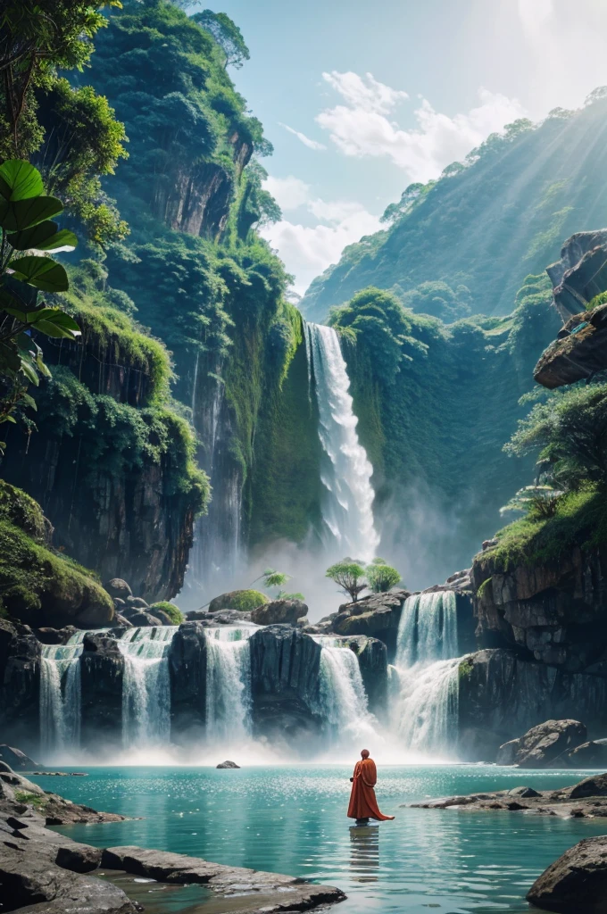 Highly detailed film water and ocean palette, a bald monk standing at the water's edge in white Hanfu, a huge green snake, a huge lotus flower in white, a very tall waterfall, exquisite facial details, spotlights, perfect composition, surreal, ultra-detailed, 8k, high quality, clear focus, intricate details, highly detailed, dynamic lighting, detailed and complex environment,