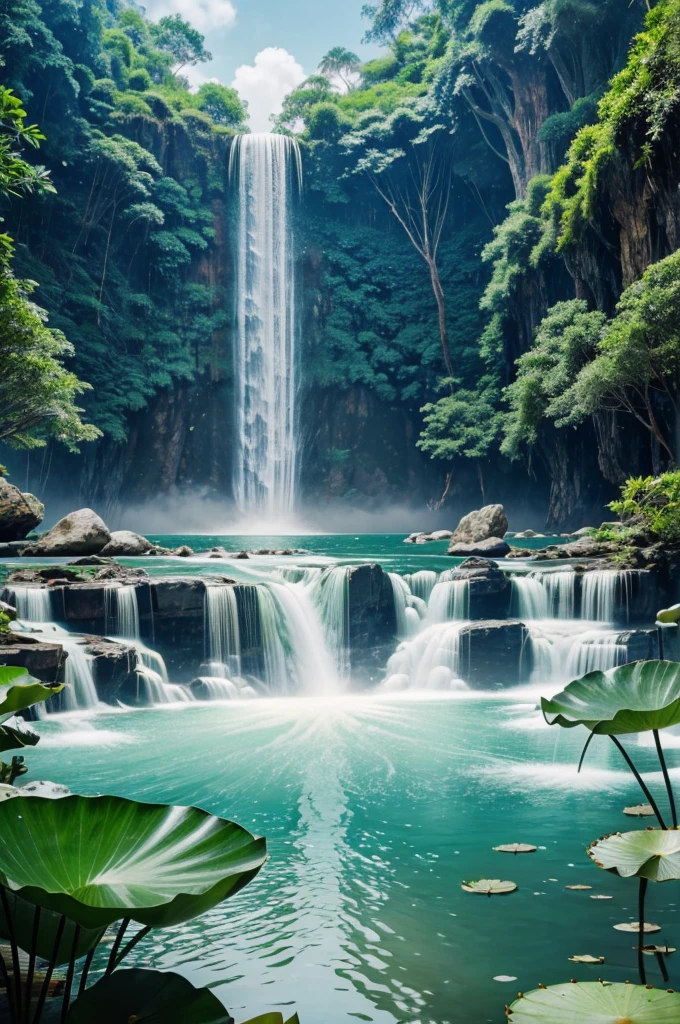 Highly detailed film water and ocean palette, a bald monk standing at the water's edge in white Hanfu, a huge green snake, a huge lotus flower in white, a very tall waterfall, exquisite facial details, spotlights, perfect composition, surreal, ultra-detailed, 8k, high quality, clear focus, intricate details, highly detailed, dynamic lighting, detailed and complex environment,