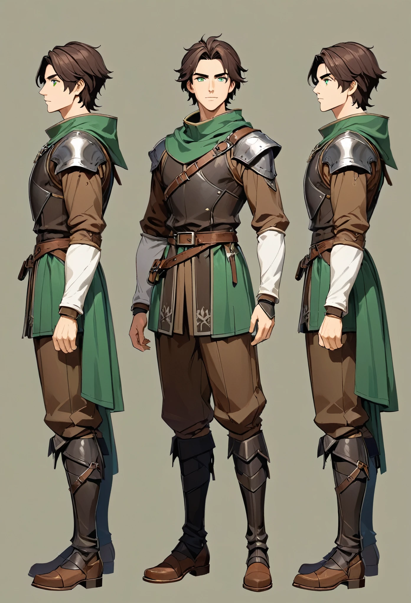 1 Boy, Best quality, multiple angles, character model, base model, front view, looking forward, character creation, full body, big, Fit, aesthetic build, tall, simple background, dark brown hair, short hair, green eyes, medieval adventurer clothes