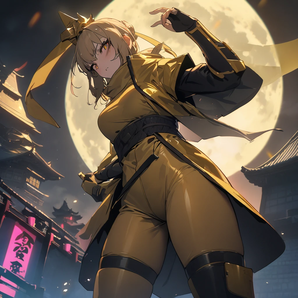 Top quality, masterpiece, high resolution, cyberpunk style, ninja, golden ninja costume, golden shachihoko, castle, full moon night