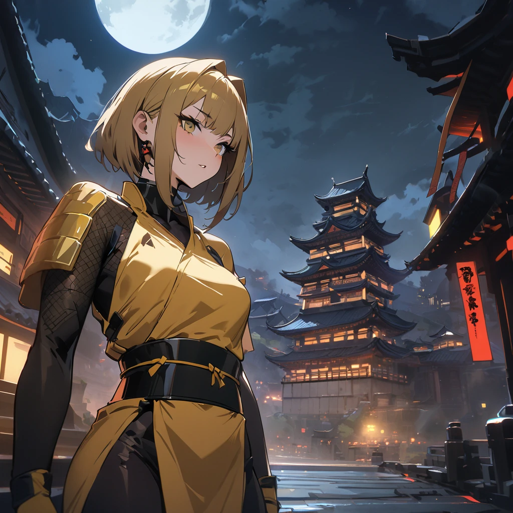 Top quality, masterpiece, high resolution, cyberpunk style, ninja, golden ninja costume, golden shachihoko, castle, full moon night