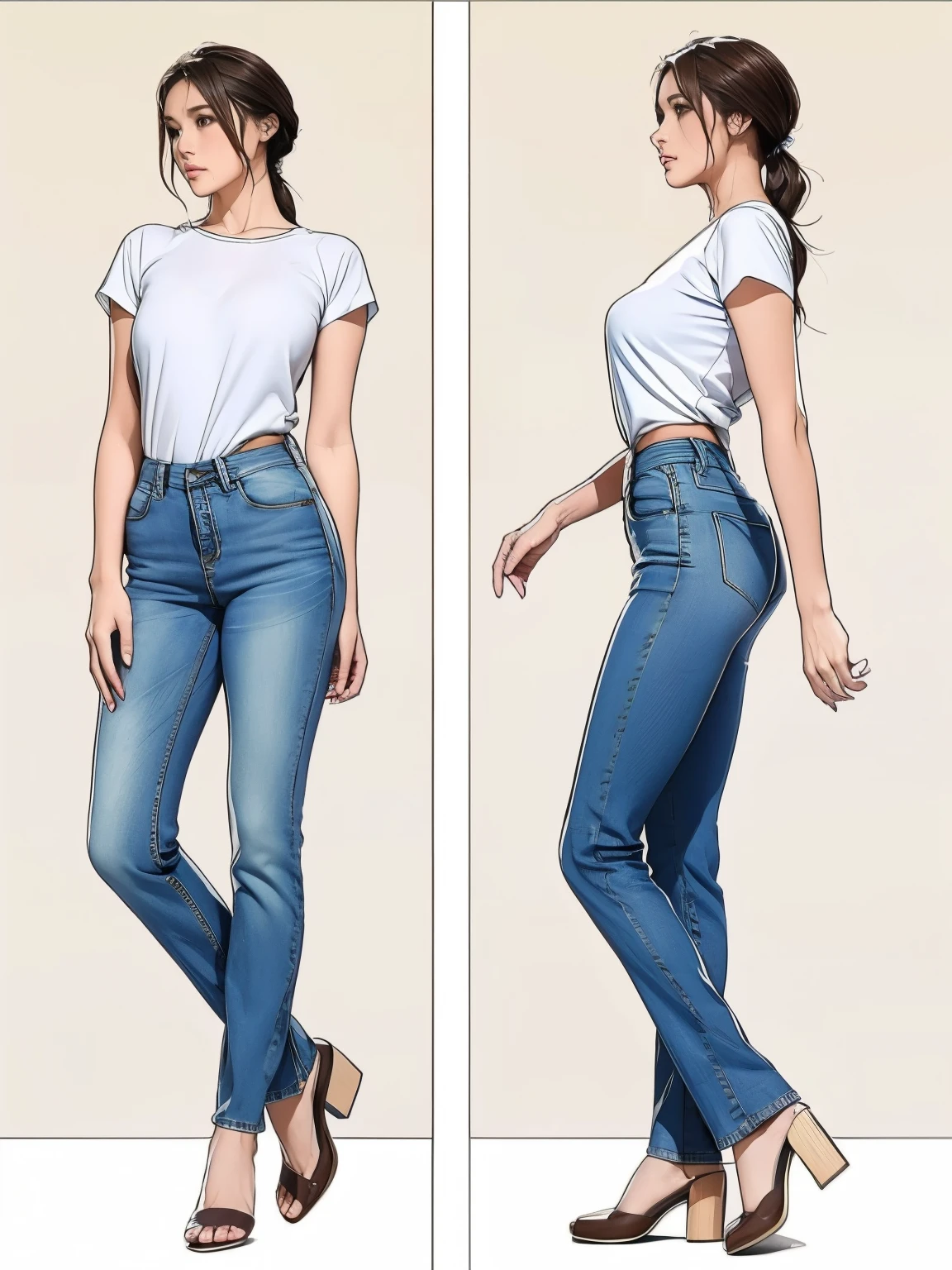 Detailed character sheet, Front view, Side view, Oblique view, with a white returnground, show women, 30 years old, with short dark brown hair combed return, Light casual clothing, Wear tight denim jeans. The seat includes different angles, Front desk etc.., return, and Side views, Model and Reference Sheets, Full body painting. The ratio is based on 7.5 Head Scale.