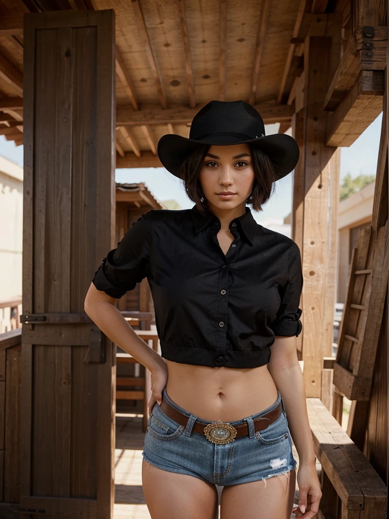 Girl with short hair, request morena, black eyes, Raven haired, in the background a fair, posing for the camera, with a hat and cowgirl clothes