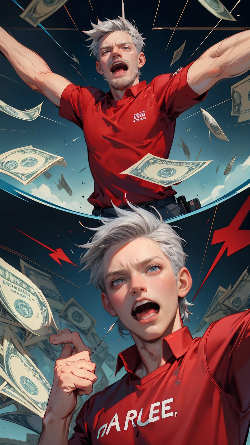 create comic strip with man screaming in pain, wearing red shirt and grey hair looking at trading chart showing blue up arrow going towards the sky, text " rootReducer pro" above him, multiple poses and expressions, surrounded by money flying around him, comic style
