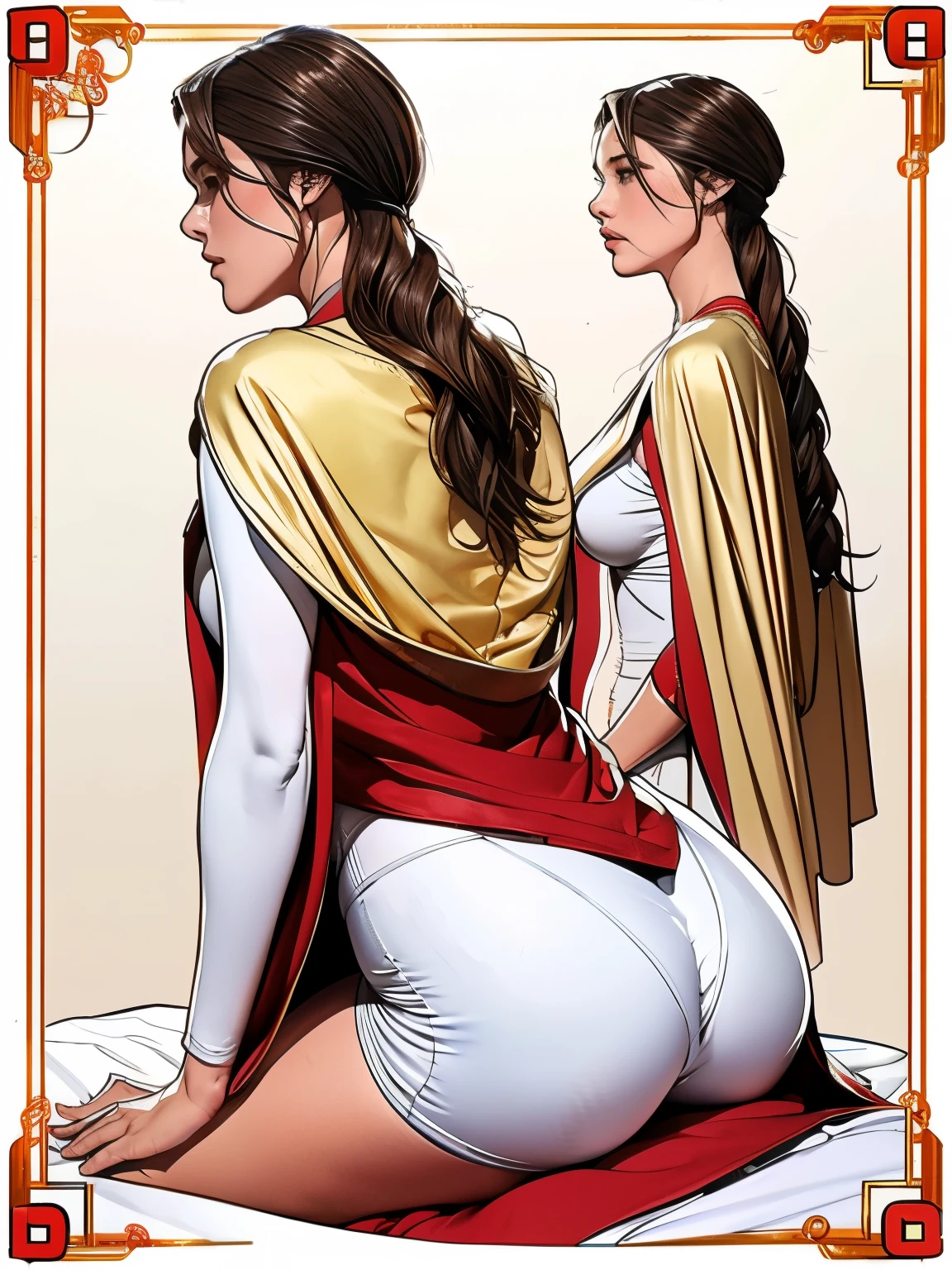 Detailed character sheet, Front view, Side view, Oblique view, with a white returnground, show women, 30 years old, with short dark brown hair combed return, 1 female warrior, Wavy Cape, long flowing hair, Swordsman Style, Light Armor, (Earth-toned long leggings), Slim figure, Toned thighs, Tight round ass, Low angle shot, From below, The seat includes different angles, Front desk etc.., return, and Side views, Model and Reference Sheets, Full body painting. The ratio is based on 7.5 Head Scale.