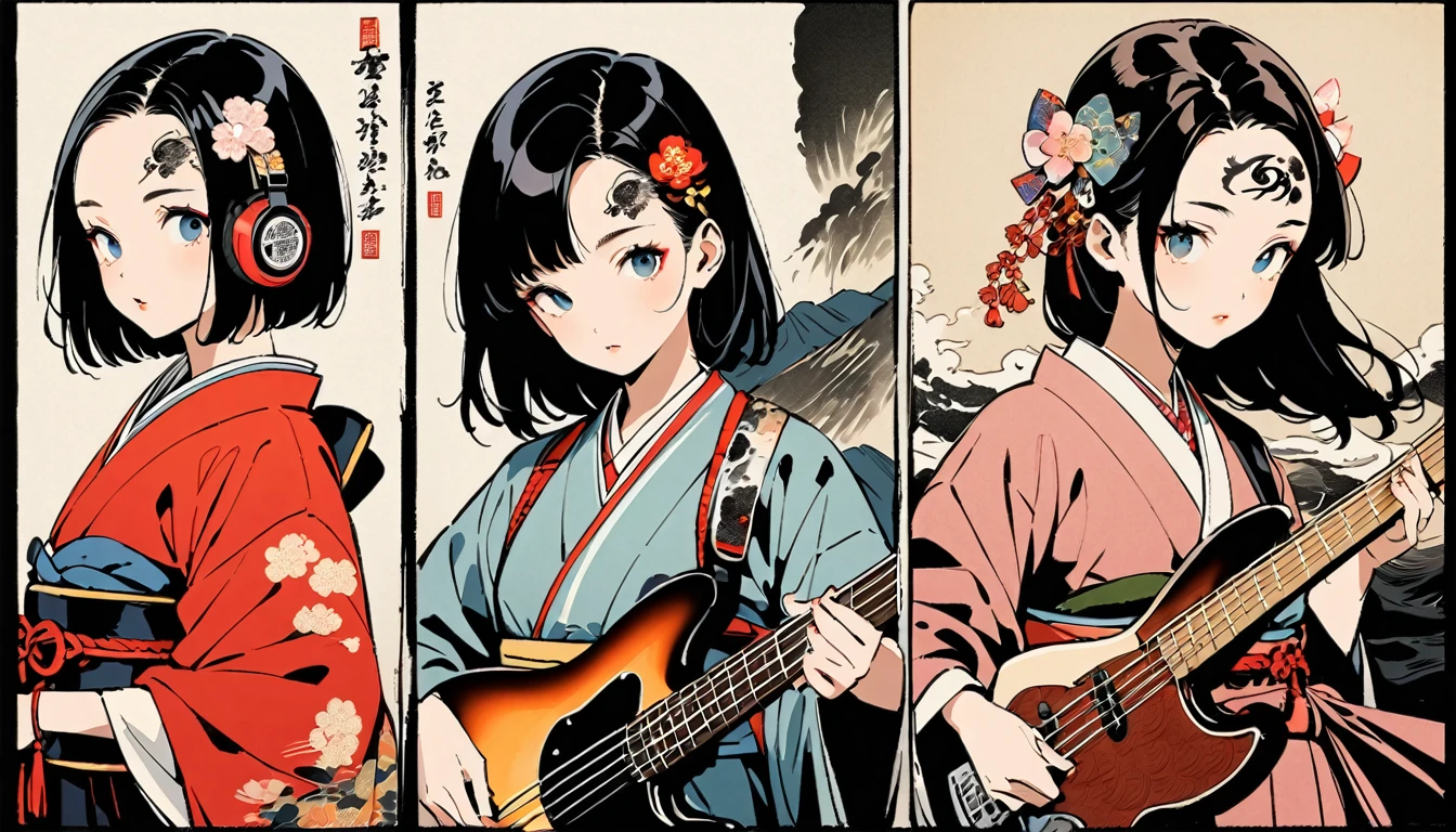 (((Ink Painting))), Fashion portrait color photos, (((1 girl))), (((Playing electric bass))), (((Tattoo in the center of the forehead))), (((Very flashy hair accessories))), (((Very flashy makeup))), Japanese style headphones, front view, Japan人の美少女, Black Hair, Delicate and precise, Modern ukiyo-e style,Japan, Droopy eyes, round face, Fuller lips