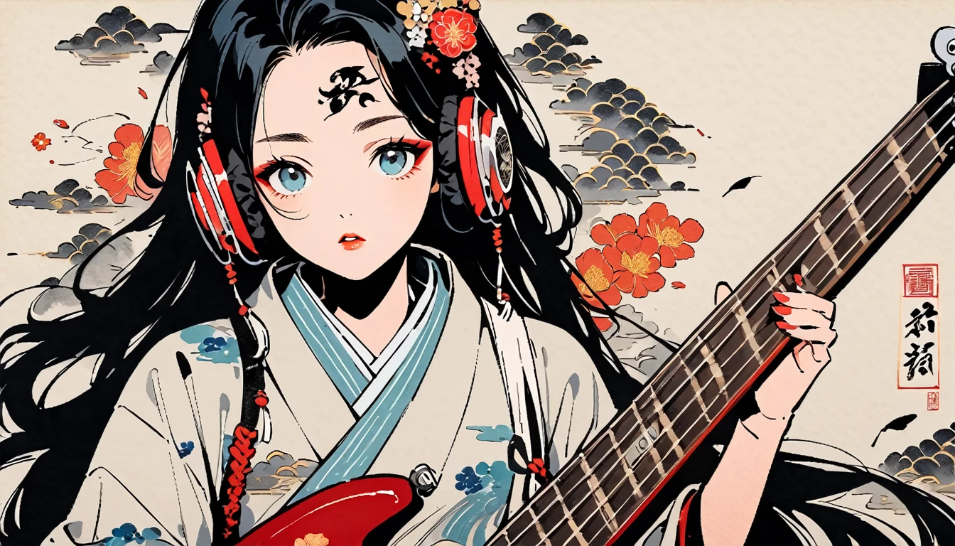 (((Ink Painting))), Fashion portrait color photos, (((1 girl))), (((Playing electric bass))), (((Tattoo in the center of the forehead))), (((Very flashy hair accessories))), (((Very flashy makeup))), Japanese style headphones, front view, Japan人の美少女, Black Hair, Delicate and precise, Modern ukiyo-e style,Japan, Droopy eyes, round face, Fuller lips
