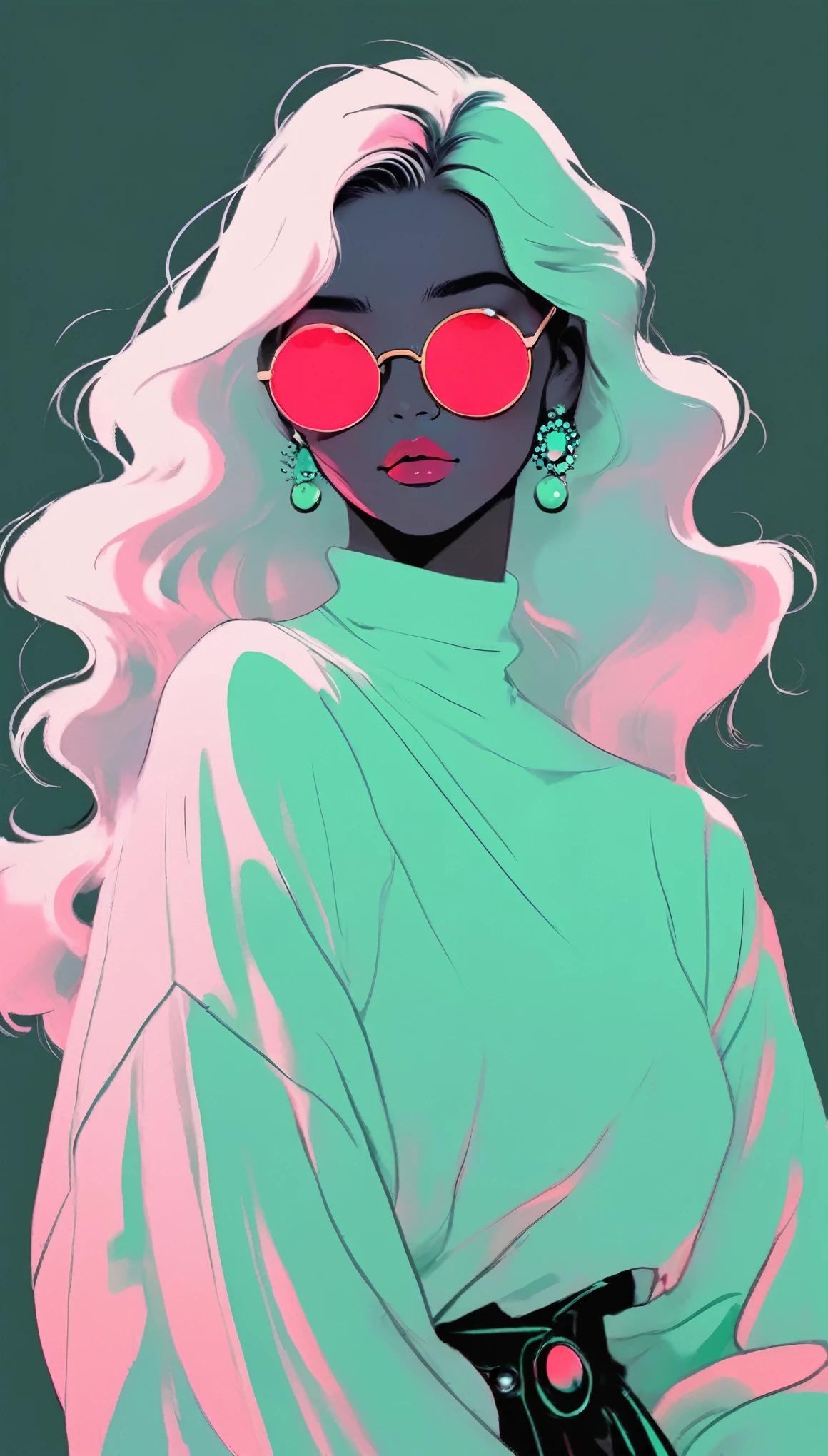 masterpiece，best quality，detail，Perfect composition，Super good quality，HD Wallpapers，A young woman wearing crimson sunglasses，illustration，With black aesthetics、The style of anime aesthetics，I can't believe how beautiful it was，Black Pearl and Mint，monochromatic minimalist portraits，Pop artistic sense，whole body，Dynamic，solo，Posing with hands on chest，