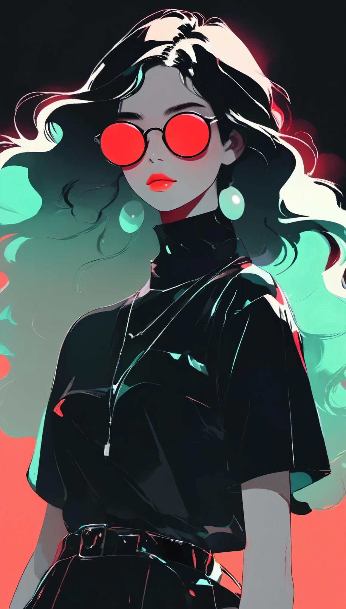 masterpiece,best quality,detail,Perfect composition,Super good quality,HD Wallpapers,A young woman wearing crimson sunglasses,illustration,With black aesthetics、The style of anime aesthetics,I can't believe how beautiful it was,Black Pearl and Mint,monochromatic minimalist portraits,Pop artistic sense,whole body,Dynamic,solo,Posing with hands on chest,