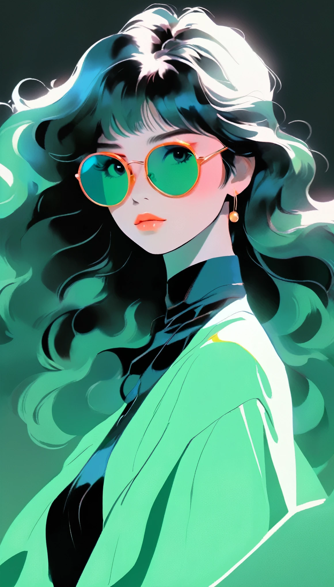 masterpiece,best quality,detail,Perfect composition,Super good quality,HD Wallpapers,A young woman wearing crimson sunglasses,illustration,With black aesthetics、The style of anime aesthetics,I can't believe how beautiful it was,Black Pearl and Mint,monochromatic minimalist portraits,Pop artistic sense,whole body,Dynamic,solo,Posing with hands on chest,