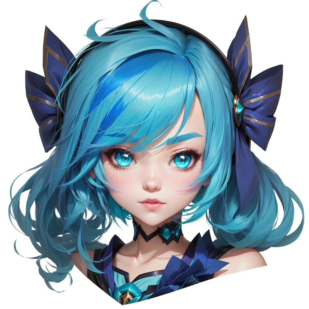 League of Legends，Gwen，A blue hair、Cartoon image of a girl with a bow, Anime cute art style, Anime Girl with teal hair, 2D anime style,, extremely cute Anime Girl face, cute Anime Girl, , Beautiful blue-haired girl, (Anime Girl), Cute anime face