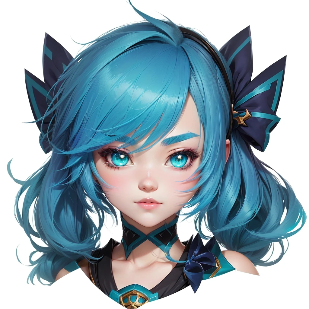 League of Legends,Gwen,A blue hair、Cartoon image of a girl with a bow, Anime cute art style, Anime Girl with teal hair, 2D anime style,, extremely cute Anime Girl face, cute Anime Girl, , Beautiful blue-haired girl, (Anime Girl), Cute anime face