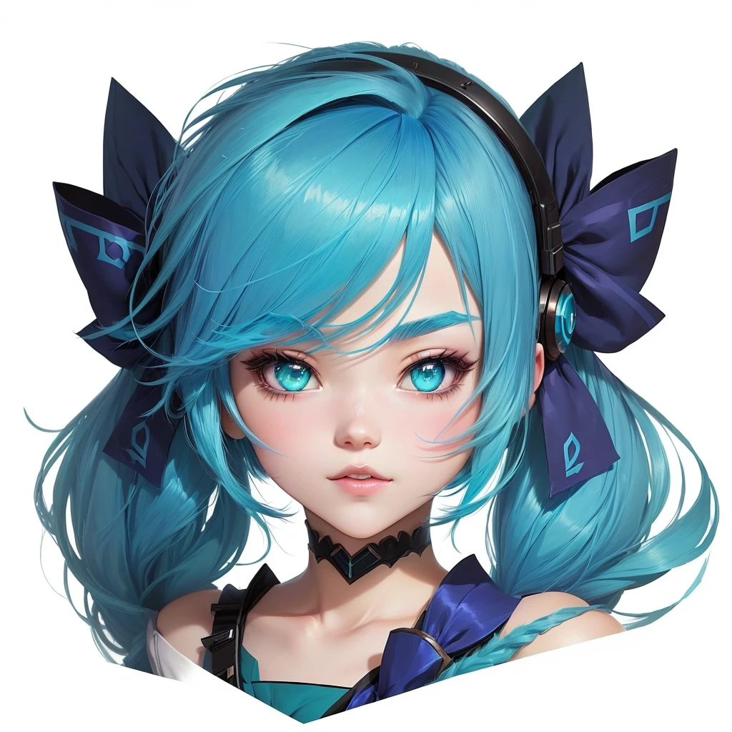 League of Legends,Gwen,A blue hair、Cartoon image of a girl with a bow, Anime cute art style, Anime Girl with teal hair, 2D anime style,, extremely cute Anime Girl face, cute Anime Girl, , Beautiful blue-haired girl, (Anime Girl), Cute anime face