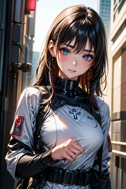((Highest quality)),(超High resolution),(Very detailed),(Detailed Description),((The best CG)),(masterpiece),Ultra-detailed art、(Highest quality、8k、32K、masterpiece)、(Realistic)、(Realistic:1.2)、(High resolution)、Very detailed、Very beautiful face and eyes、1 female、Tight waist、Delicate body、(Highest quality、Attention to detail、Rich skin detail)、(Highest quality、8k、Oil paints:1.2)、Very detailed、(Realistic、Realistic:1.37)、Bright colors、Beautiful Japanese Woman、Detailed face、Smooth Skin、Big Breasts、A young woman in her early 20s、I work as a nurse in a cyberpunk city.。((she短く、With asymmetrical hairstyle、It is dyed neon blue.))、I can see the cybernetic implants on his temples.。Her eyes are cybernetically enhanced、Emits a soft green light、There is a small holographic display in the left eye.。she未来的なナースユニフォームを着ており、Sleek white bodysuit with silver accents and integrated technology。The uniform has a high collar、Fits the body、Illuminated medical symbols on sleeves and chest。she内蔵された医療スキャナー付きの膝丈の白いブーツを履いており、I have a high-tech medical kit.。As an accessory、Holographic ID Badge、Small communication earpiece、And others々He wears a utility belt equipped with various medical tools.。In the background、A neon-lit cyberpunk cityscape spreads out before you.、Towering Skyscrapers、Holographic Advertising、Advanced robot assistants in sight。she、Standing in front of a hi-tech clinic with a luminous cross symbol and stylish contemporary design。