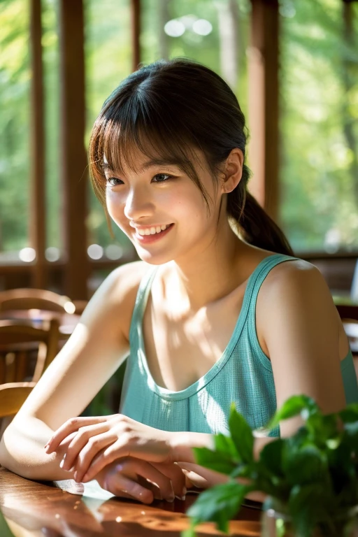 High resolution, masterpiece, Anatomically correct, High detail, High-resolution model, At an open cafe in the forest、Beautiful Japanese woman relaxing alone, Bangs, Low ponytail, Braided Ponytail, Smiling comfortably, An elegant white sleeveless dress, A dress made of thin fabric with a gradation from white to navy blue, Fresh Green Forest, Bright sunlight, The outline of her hair shines in the backlight, The reflection of the table surface provides a moderate lighting effect on the face from below, whole body, Iced tea on the table, Cinematic light effects, A refreshing image of the morning, Woody and clean furnishings, Large open cafe, field, sense of openness, forest, Highest quality, Very detailed, Ultra high definition, Soft Light, Random face orientation, Random pose
