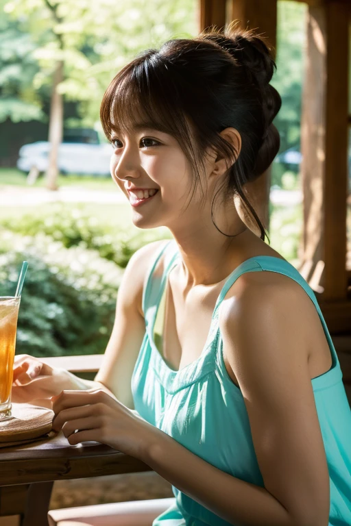 High resolution, masterpiece, Anatomically correct, High detail, High-resolution model, At an open cafe in the forest、Beautiful Japanese woman relaxing alone, Bangs, Low ponytail, Braided Ponytail, Smiling comfortably, Sleeveless light blue dress, Fresh Green Forest, Bright sunlight, The outline of her hair shines in the backlight, The reflection of the table surface provides a moderate lighting effect on the face from below, whole body, Iced tea on the table, Cinematic light effects, A refreshing image of the morning, Woody and clean furnishings,