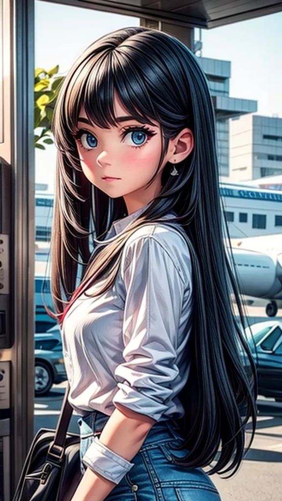 A girl being checked by security at the airport、Makes an unpleasant face when touched more than necessary