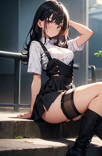 Black Hair、Looking at the audience suspenders bulging big breasts Black mini skirt garter belt Knee-high socks sight Small face bangs beauty Show your hand sight Black boots Taunt Armpit sweat One person Place your hands behind your back Dress shirt Panty shot