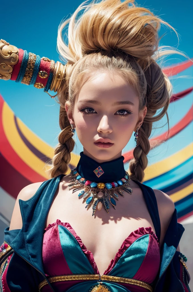 In a striking 16K UE5 editorial photograph, Olivia Gibbs poses against a vibrant patchwork backdrop reminiscent of ancient Rome's colorful mosaics. The model wears an exquisite Haute Couture ensemble: a lavish velvet dress with intricate ruffles, complemented by a dazzling diamond necklace and earrings forming a collar. Her loose braids adorned with crystal beads shimmer in the bright sunlight, accentuating her features. Against this whimsical setting, Olivia strikes a bold pose, surrounded by blurred lines, distorted shapes, and edgy silhouettes that defy gravity.
In a vibrant, swirling vortex of psychedelic art, a 1.3-meter-tall blonde-haired girl with twintails stands confidently, her eyes glowing with an otherworldly intensity. She wears oversized street-inspired clothing with graphic prints and bold accessories, exuding an air of futuristic coolness. The cowboy shot framing captures her striking figure, with the digital sculpture's 3D form seemingly bursting forth from a sea of hallucinatory visuals. Mind-expanding imagery abounds in this ultra-detailed, high-resolution artwork, a true masterpiece of innovative design and cutting-edge technology.
