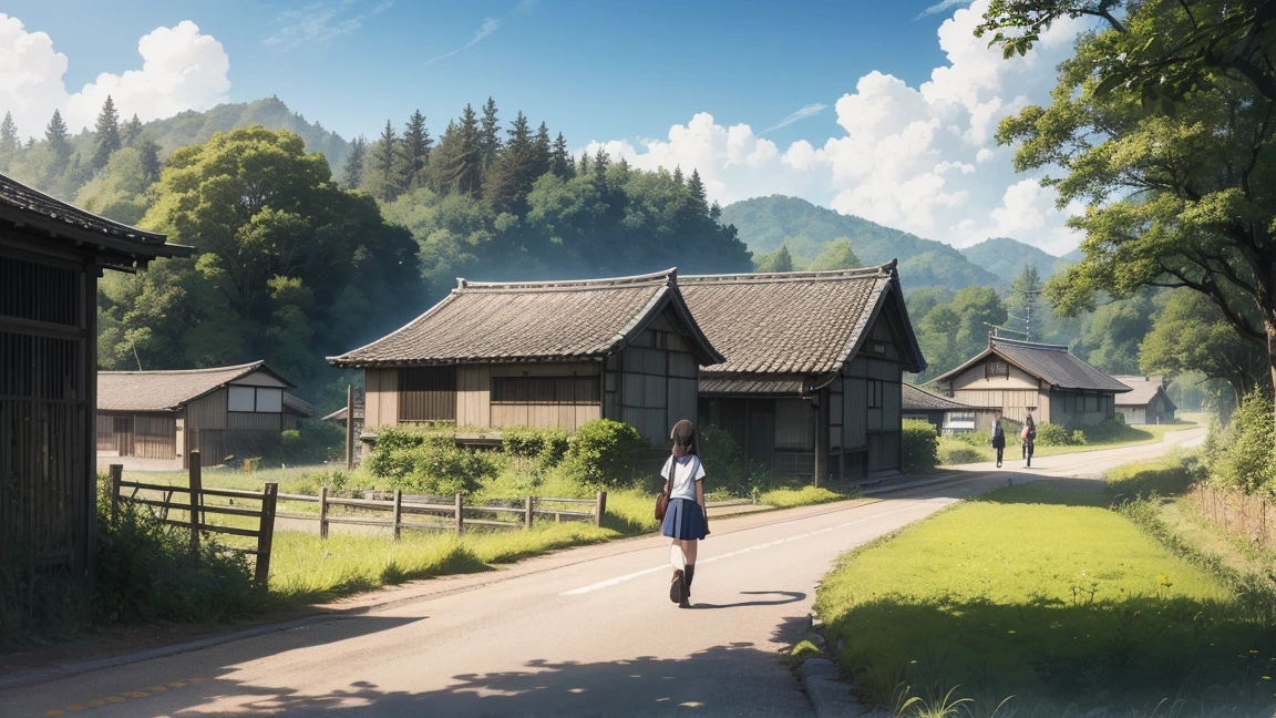 Ghibli, anime, Highest quality、Very detailed、Super Resolution、Ultra HD、8k wallpaper、Amazing details summer, Japan、Rice fields beside the road、Woman walking along a straight country road、A 16-year-old female student in uniform、blue sky、Shining Sun, Wide field of view, Small house and bus stop